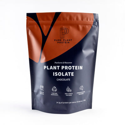 A sealed pouch of Pure Plant Protein premium plant protein powder in chocolate flavour.