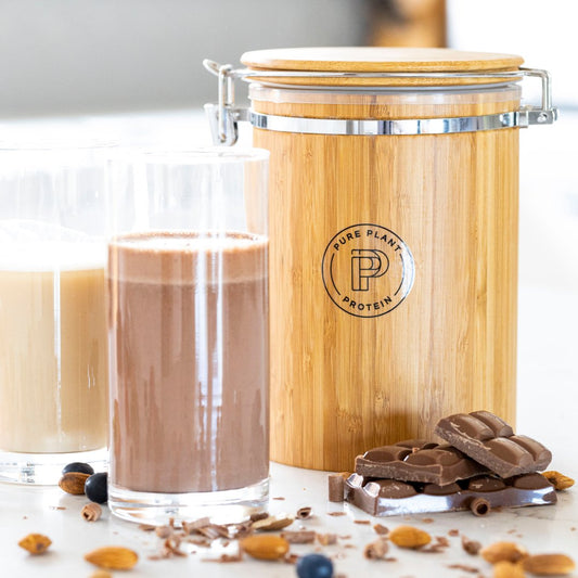 PPP Storage Container with Chocolate Vegan Protein Powder In it