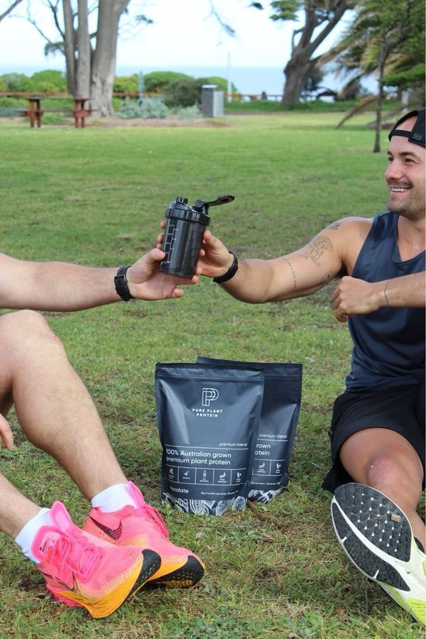 Chocolate pure plant protein being shared with friends in a park on the Mornington Peninsula.