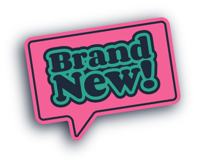 Pink speech bubble with 'Brand New!' text on a white background